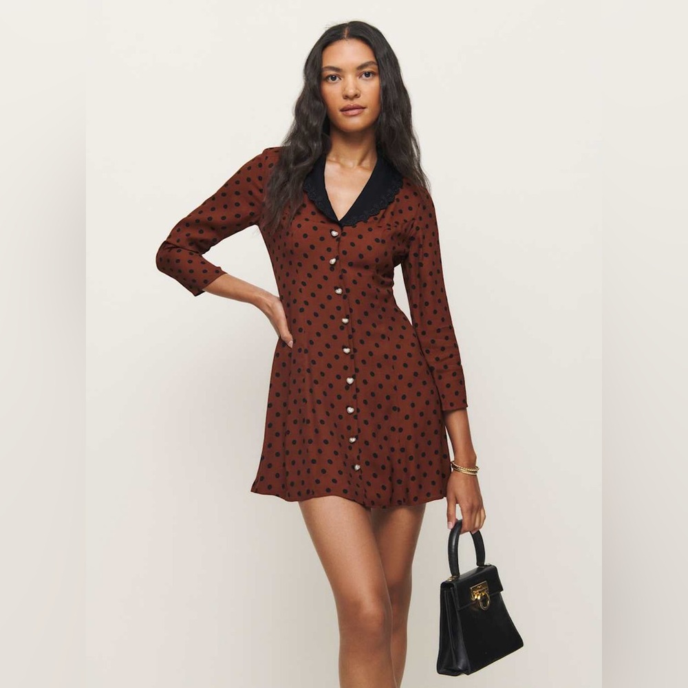 Reformation Galene Dress In Fig Jam Dot, brand new, never worn, no flaws.
